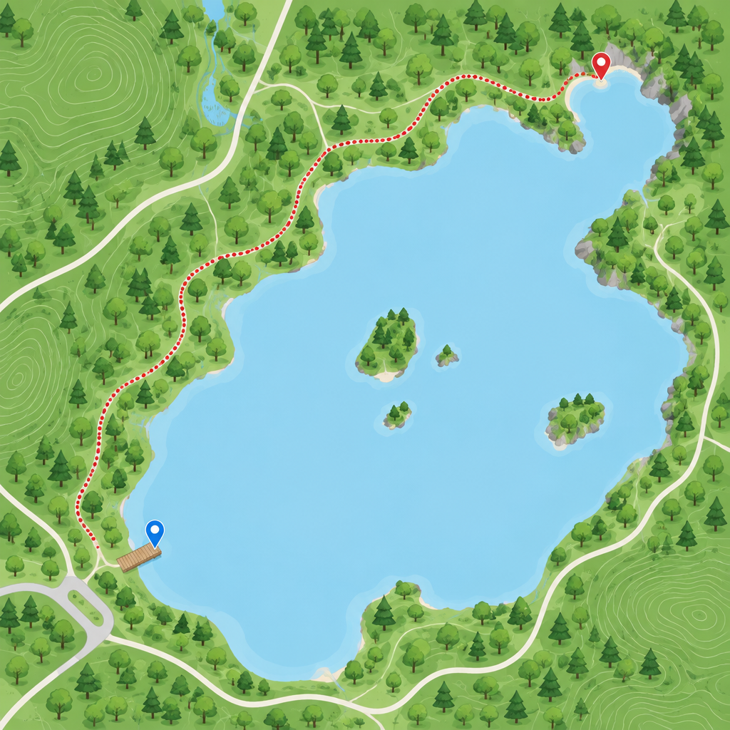 Illustrated route from Fenn Lake boardwalk to a quiet cove